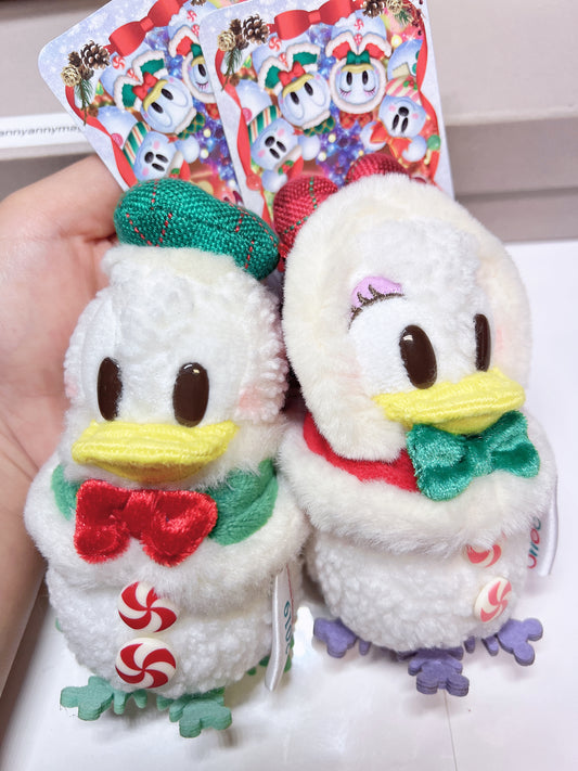 Disney Tokyo Resort Snowsnow Christmas Snowman Daisy and Donald plush badge keychain in pristine with tag condition available on hand