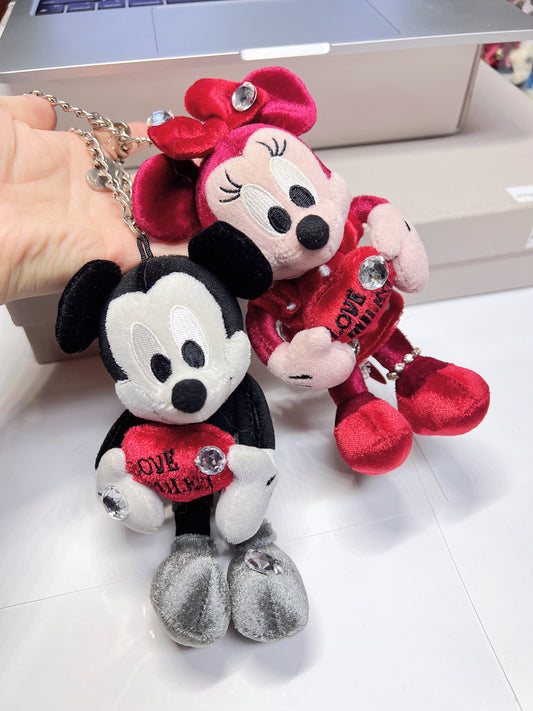 Disney Minnie and Mickey Valentine’s Day Holding heart plush keychain set preowned available on hand
